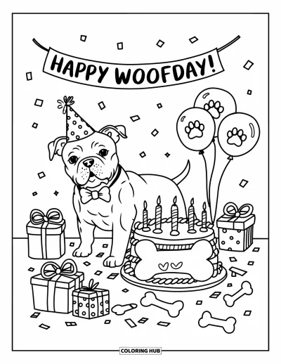 Coloriage de Pitbull pour adultes : Un pitbull avec un nœud papillon se tient près de ballons, d’un gâteau en forme d’os et de boîtes-cadeaux