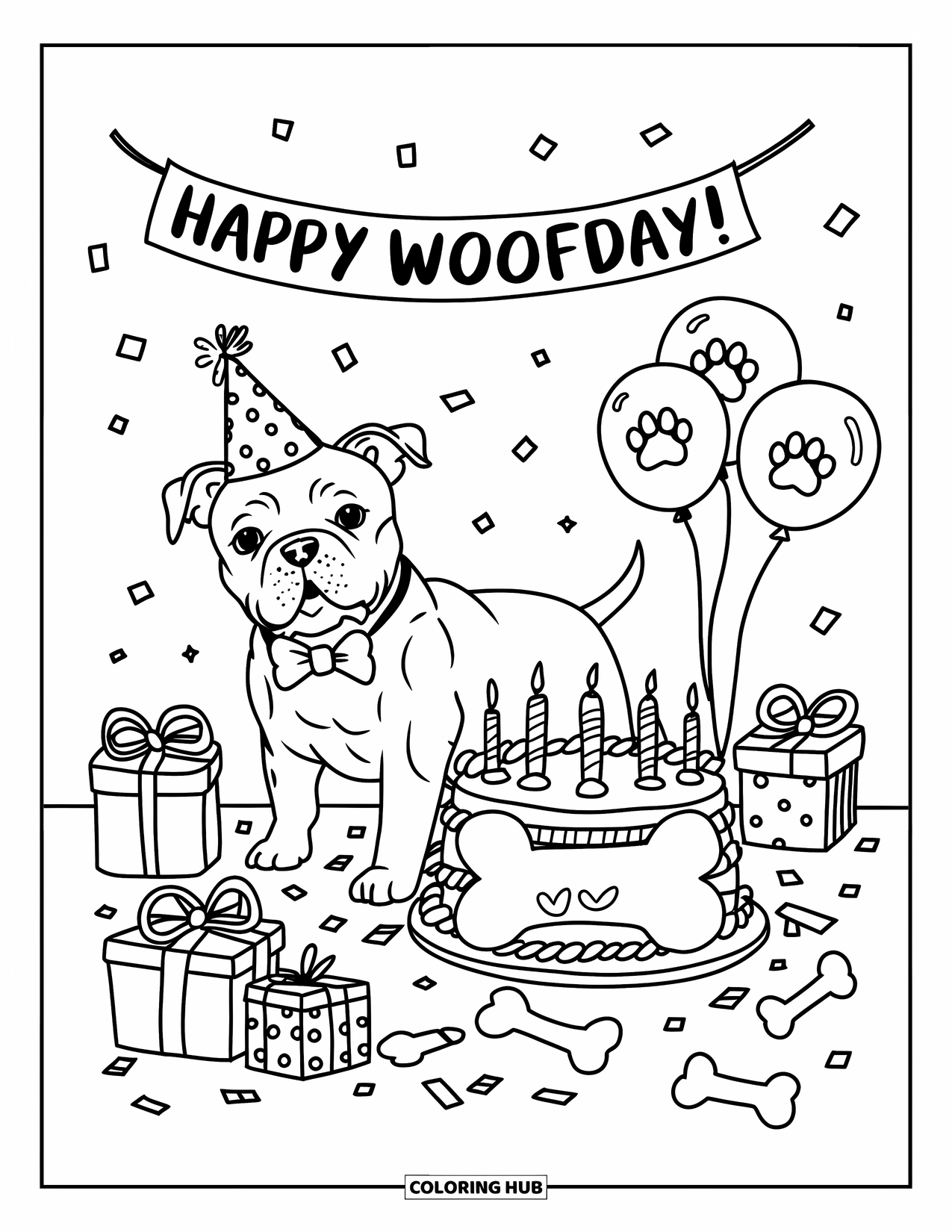 Dibujo para colorear de Pitbull para adultos: Un pitbull con una pajarita está de pie junto a globos, un pastel de hueso y cajas de regalo