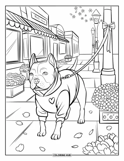 Coloriage de Pitbull pour adultes : Un pitbull dans un sweat à capuche passe devant des devantures de magasins avec des fleurs flottantes et de douces empreintes de pattes