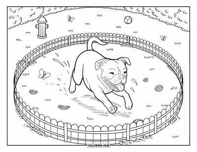 Coloriage de Pitbull pour adultes : Un pitbull poursuit joyeusement sa queue dans un mini-parc rempli de marguerites