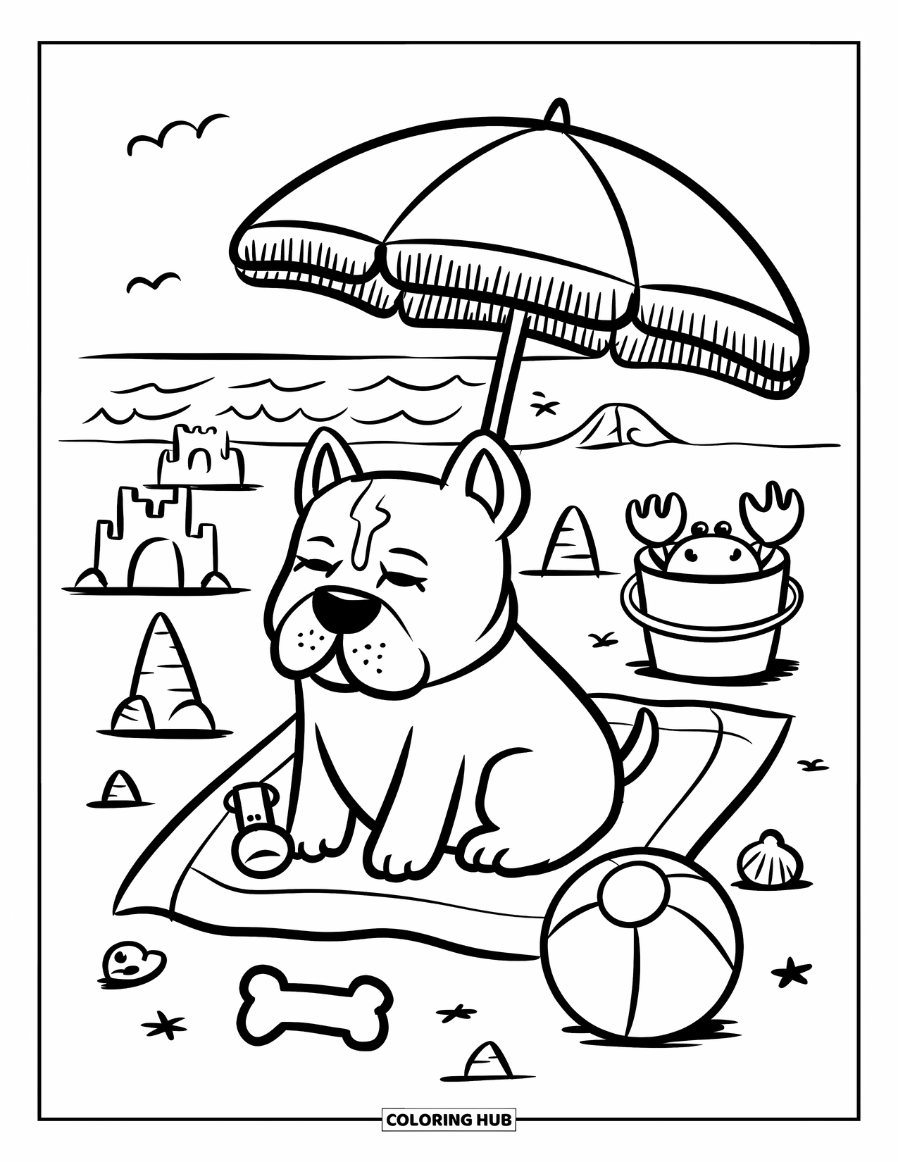 Dibujo para colorear de Pitbull para adultos: Un pitbull descansa en la arena junto a conchas marinas, una pelota de playa y un cangrejo