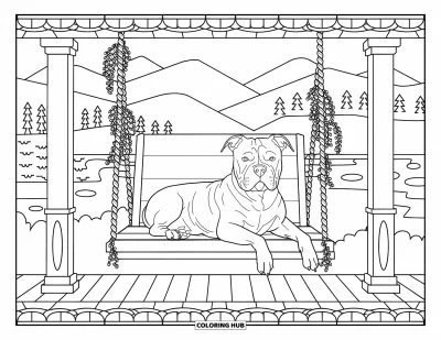 Coloriage de Pitbull pour adultes : Un pitbull est allongé sur une balançoire de porche avec des plantes suspendues et un paysage serein