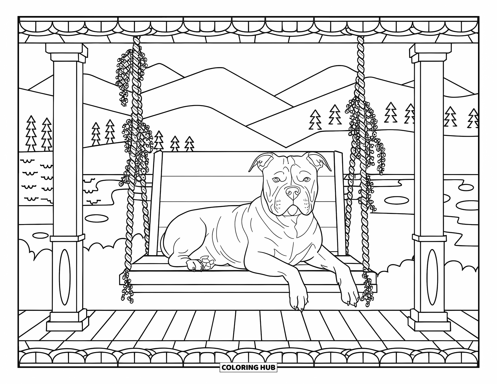 Dibujo para colorear de Pitbull para adultos: Un pitbull está acostado en un columpio de porche con plantas colgantes y un paisaje sereno
