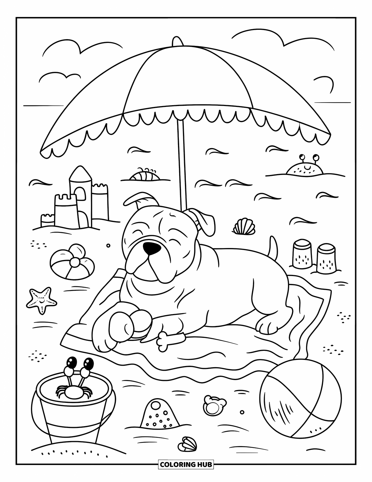 Dibujo para colorear de Pitbull para adultos: Un pitbull duerme debajo de una sombrilla con pequeñas olas y lindos detalles de playa