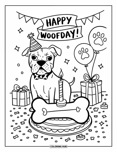 Coloriage de Pitbull pour adultes : Scène de fête de pitbull avec un gâteau, des ballons en forme de pattes et une banderole « Joyeux Ouafniversaire ! »