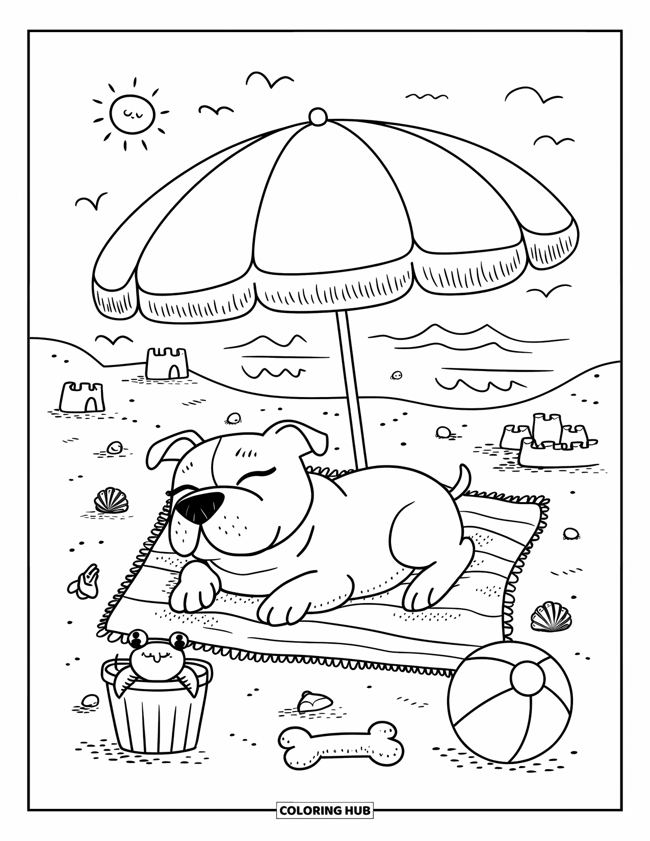 Dibujo para colorear de Pitbull para adultos: Un pitbull se relaja bajo una sombrilla en la playa con un juguete y castillos de arena