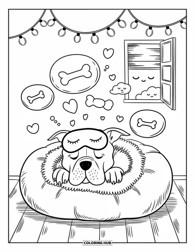 Coloriage de Pitbull pour adultes : Un pitbull se détend sous des lumières confortables, enveloppé dans une couverture avec des bulles rêveuses