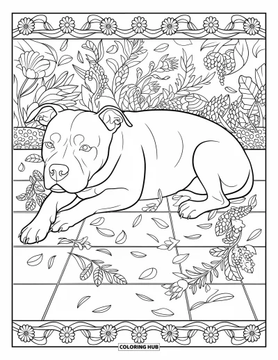 Coloriage de pitbull pour adultes : Un pitbull se repose sur un carrelage avec des détails floraux et de feuilles éparpillés