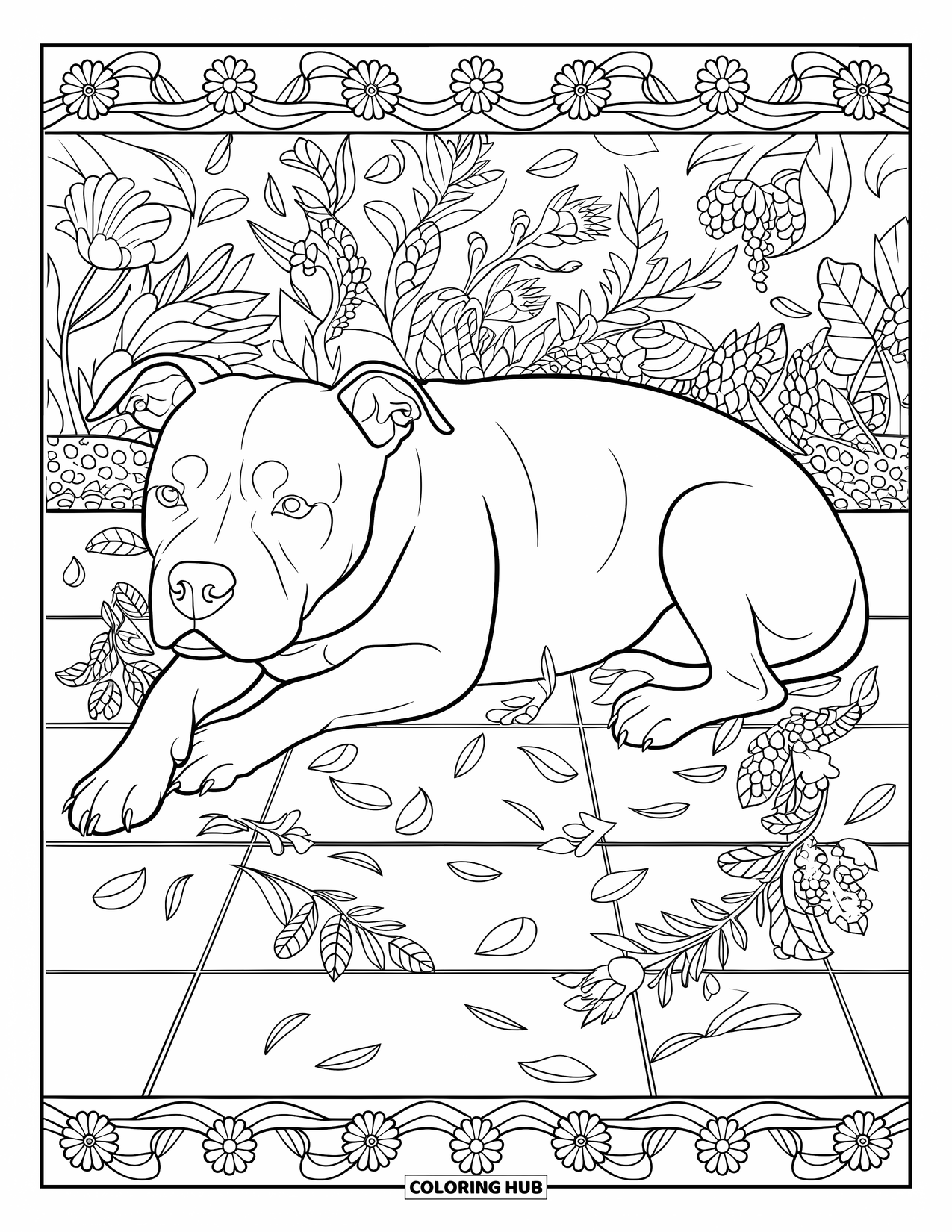 Dibujo de Pitbull para adultos: Pitbull descansando en un piso de baldosas con detalles florales y de hojas dispersos