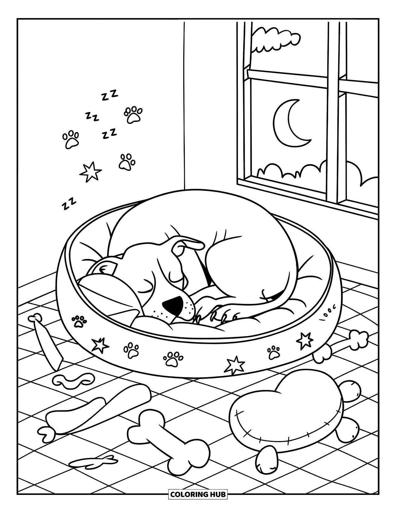 Dibujo para colorear de Pitbull para adultos: Un pitbull descansa pacíficamente en una cama redonda rodeado de estrellas y garabatos de patas