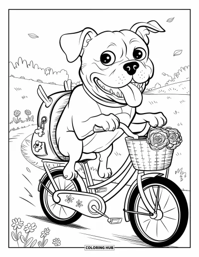 Coloriage de Pitbull pour adultes : Un pitbull se promène joyeusement dans un panier à vélo avec ses oreilles flottant au vent