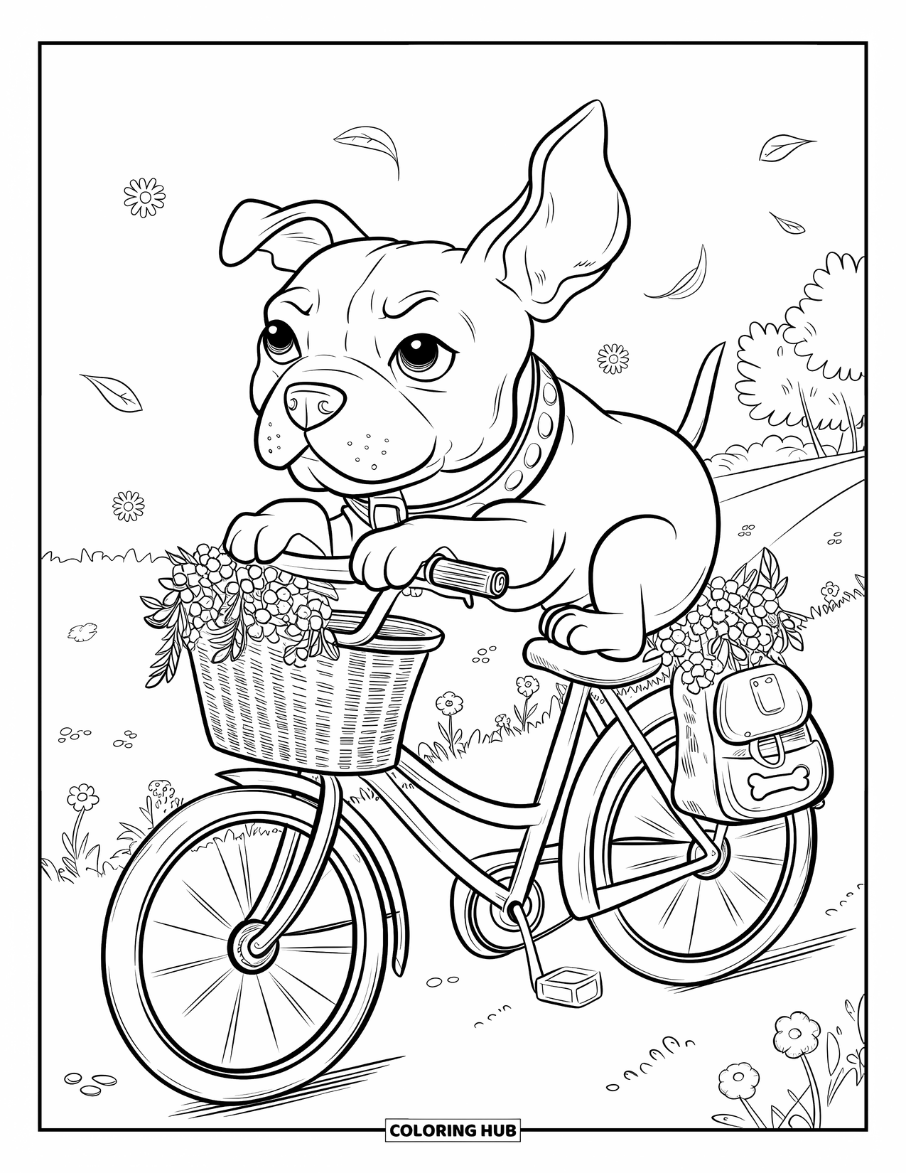 Dibujo para colorear de Pitbull para adultos: Un pitbull viaja en una cesta de bicicleta a lo largo de un camino rural lleno de flores