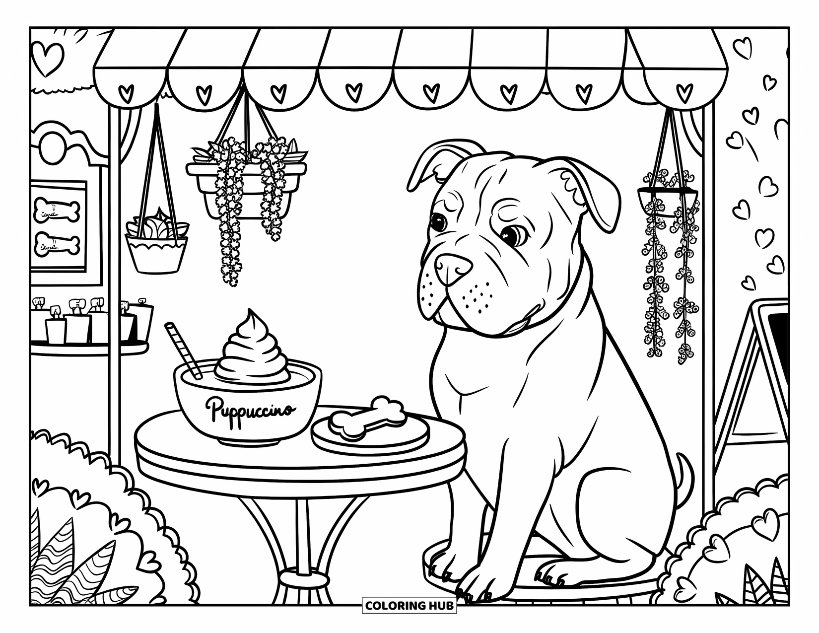 Dibujo para colorear de Pitbull para adultos: Un pitbull se sienta en una mesa de cafÈ con un puppuccino y un toldo con tema de corazones