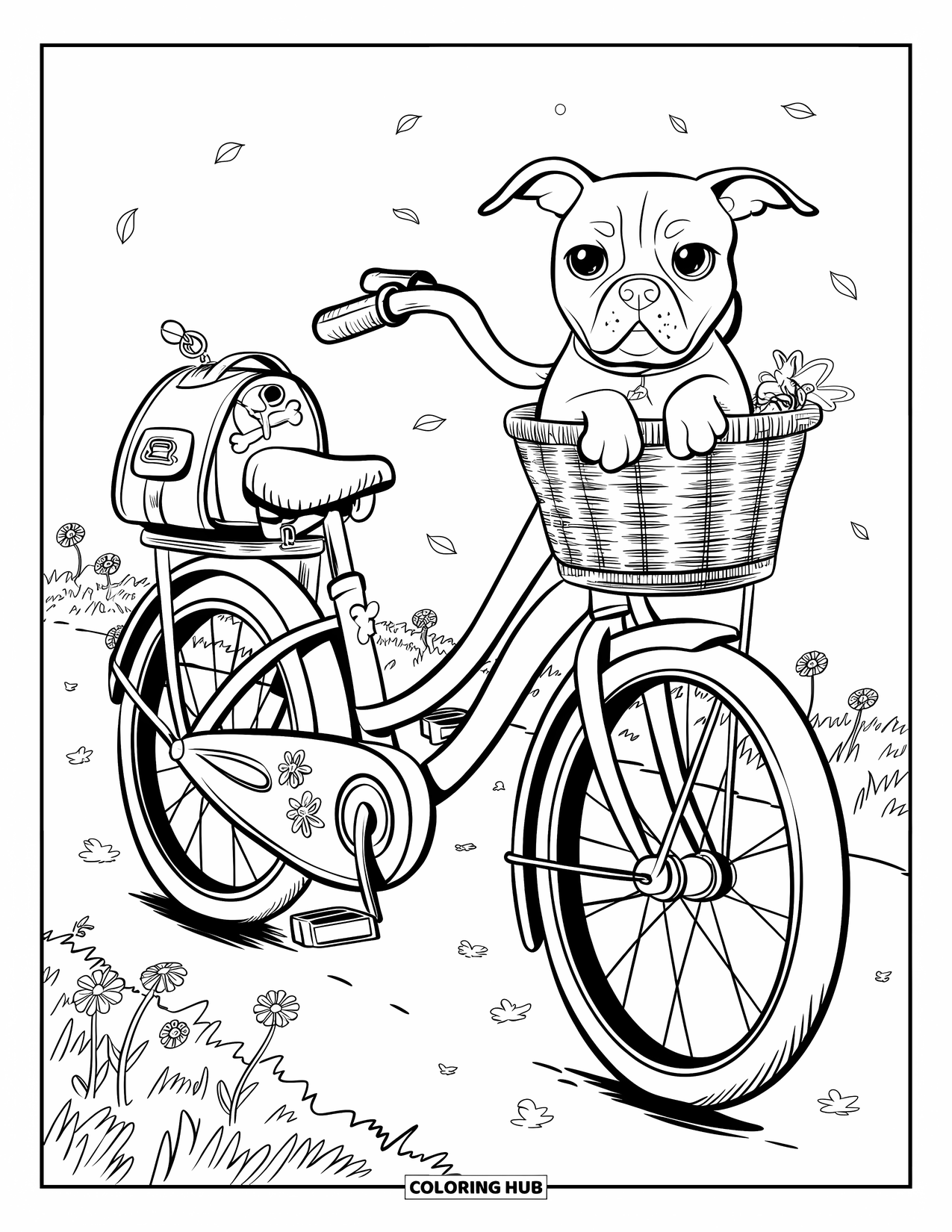 Dibujo para colorear de Pitbull para adultos: Un pitbull se sienta en una cesta mientras una bicicleta rueda entre flores y hojas flotantes