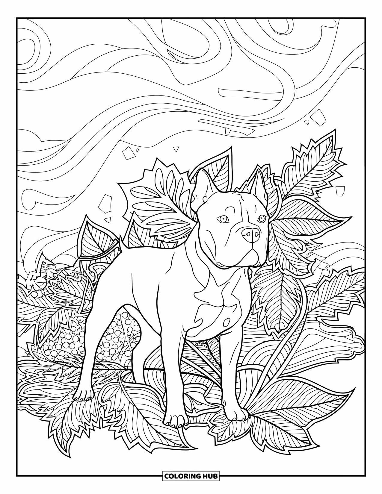 Dibujo para colorear de Pitbull para adultos: Un pitbull se sienta en un viento arremolinado y hojas de otoño detalladas