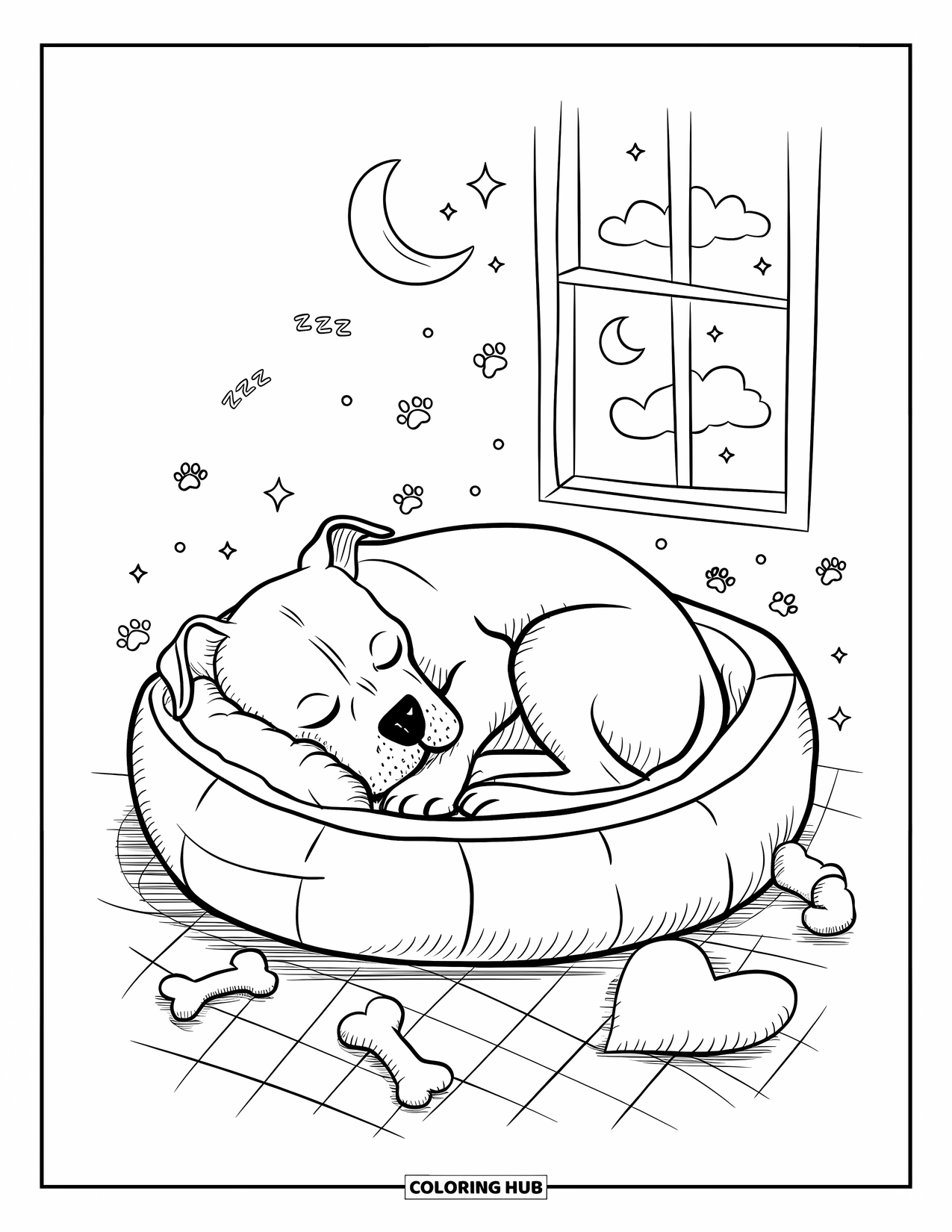 Dibujo para colorear de Pitbull para adultos: Un pitbull duerme profundamente con juguetes de peluche, pisos suaves y detalles nocturnos brillantes