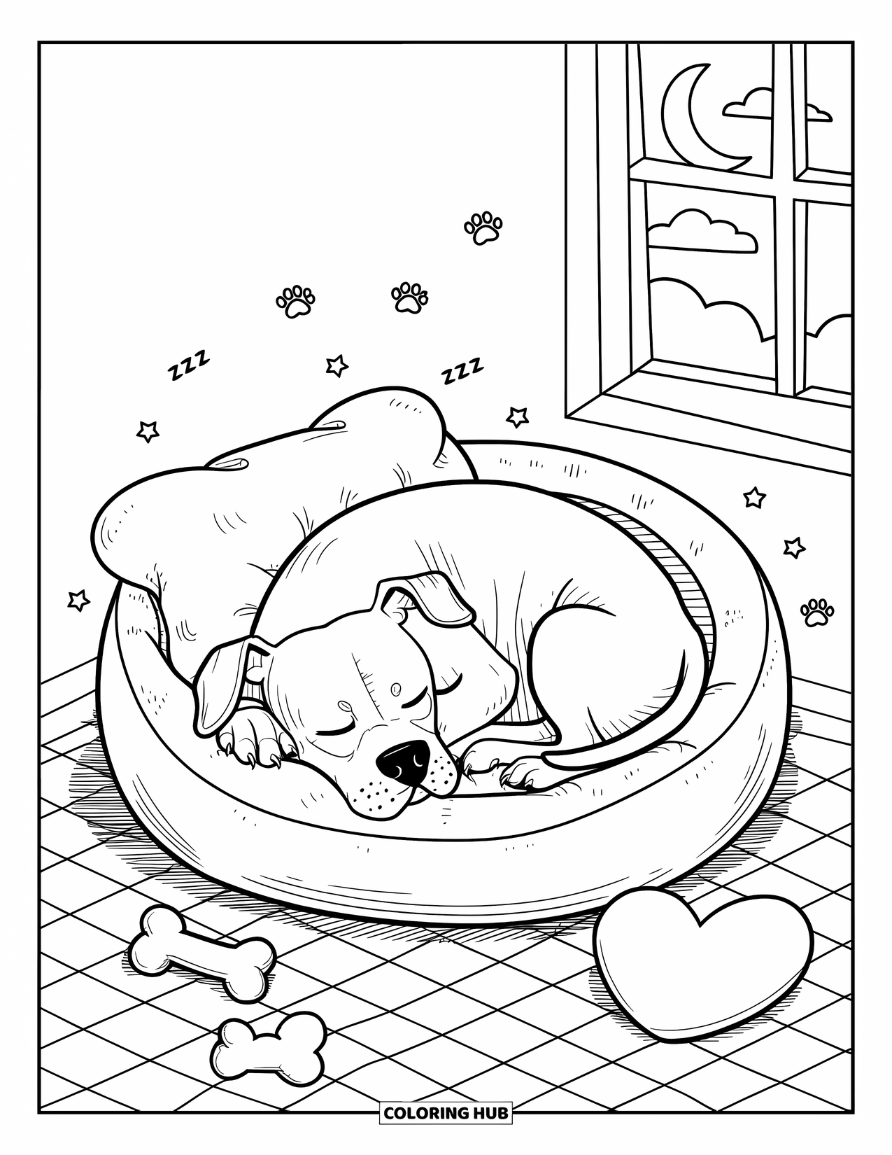 Dibujo para colorear de Pitbull para adultos: Un pitbull duerme con un hueso, una almohada y una luna creciente a través de la ventana