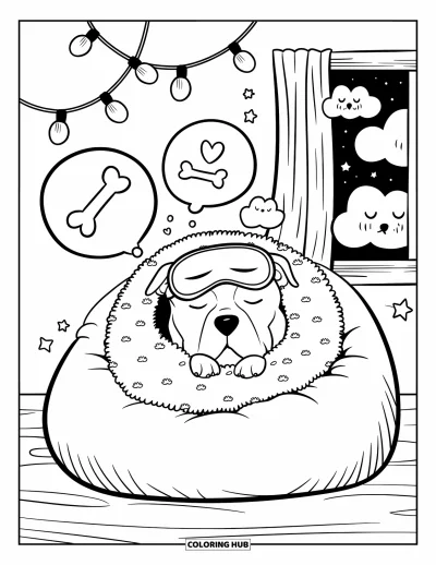 Coloriage de Pitbull pour adultes : Un pitbull se blottit dans un pouf avec des bulles de rêve flottantes et des guirlandes lumineuses
