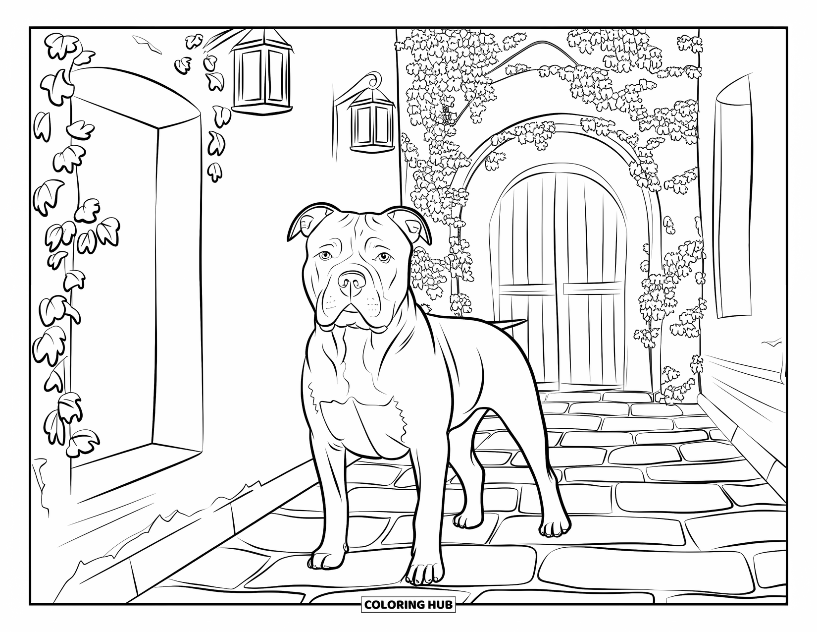 Dibujo de Pitbull para adultos: Pitbull de pie en un callejón empedrado con paredes cubiertas de hiedra y faroles colgantes