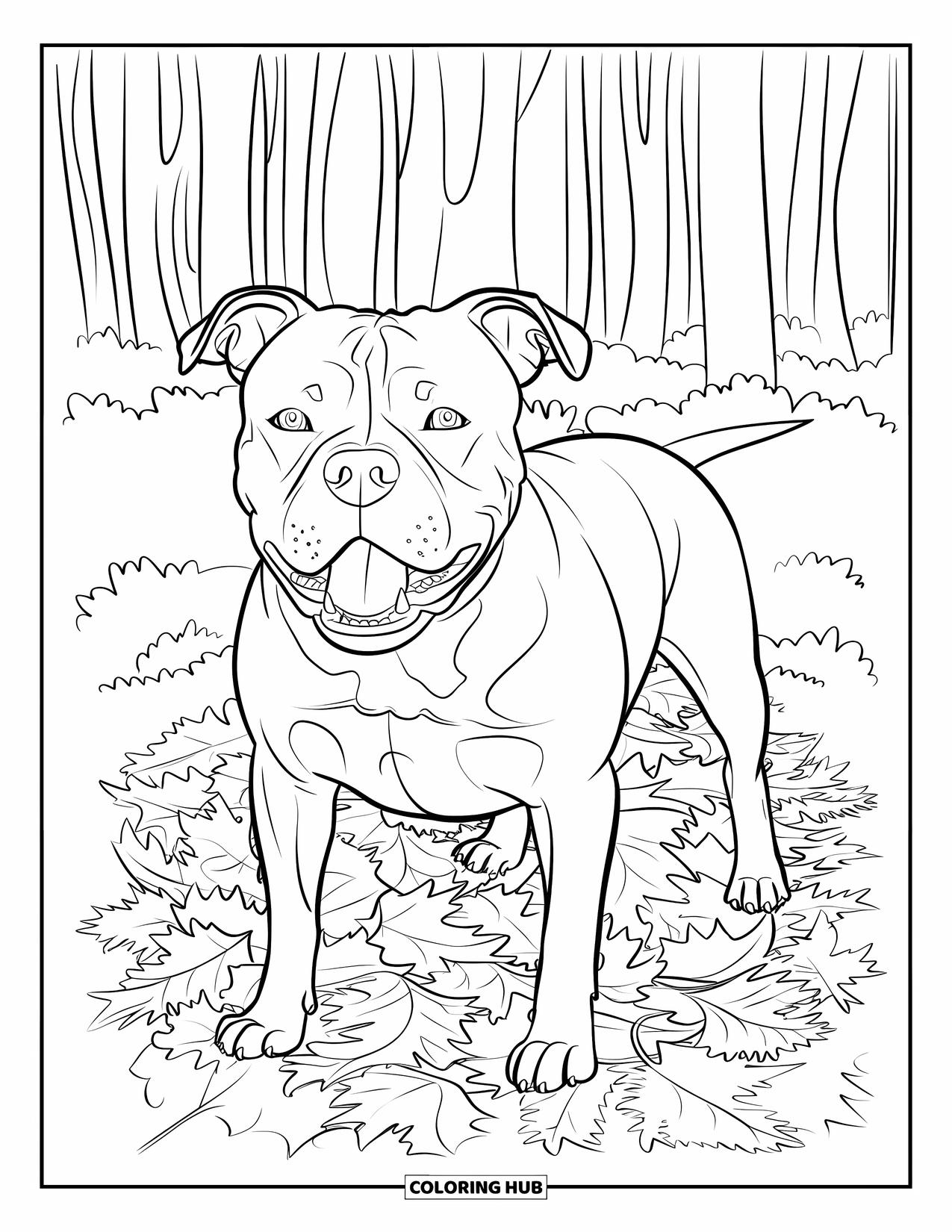 Dibujo para colorear de Pitbull para adultos: Un pitbull está de pie en un bosque de hojas de otoño dispersas