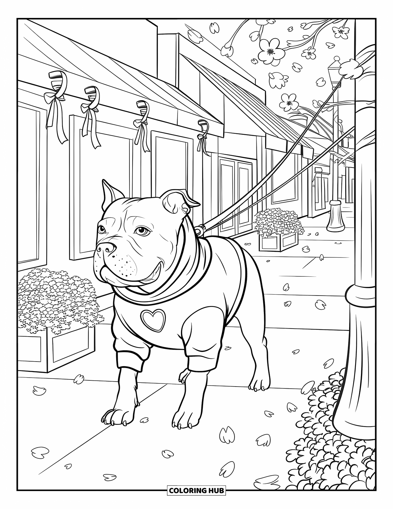 Dibujo para colorear de Pitbull para adultos: Un pitbull pasea por la ciudad con una sudadera con capucha con flores de cerezo y huellas de patas