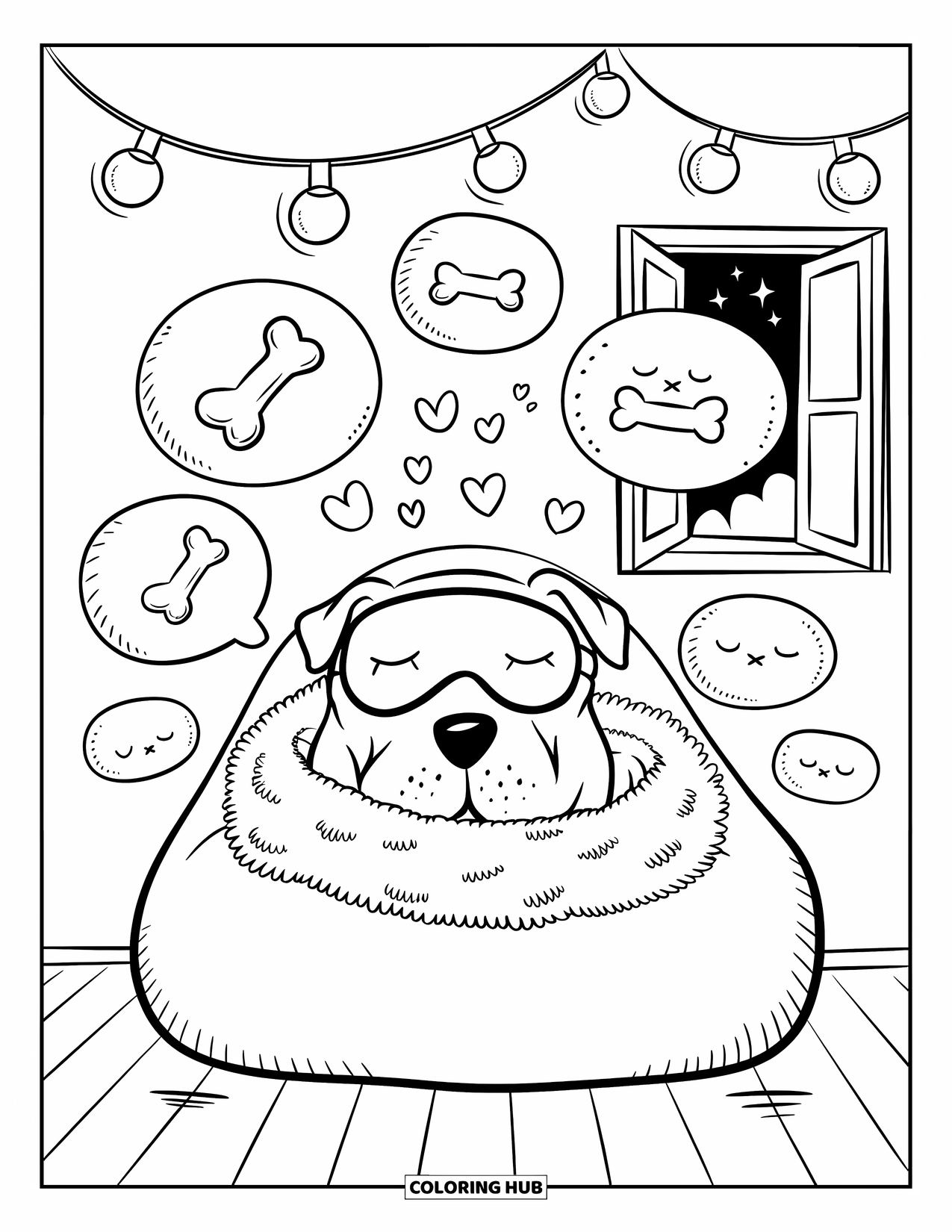Dibujo para colorear de Pitbull para adultos: Un pitbull metido en una manta con burbujas de ensueño y nubes somnolientas en la ventana