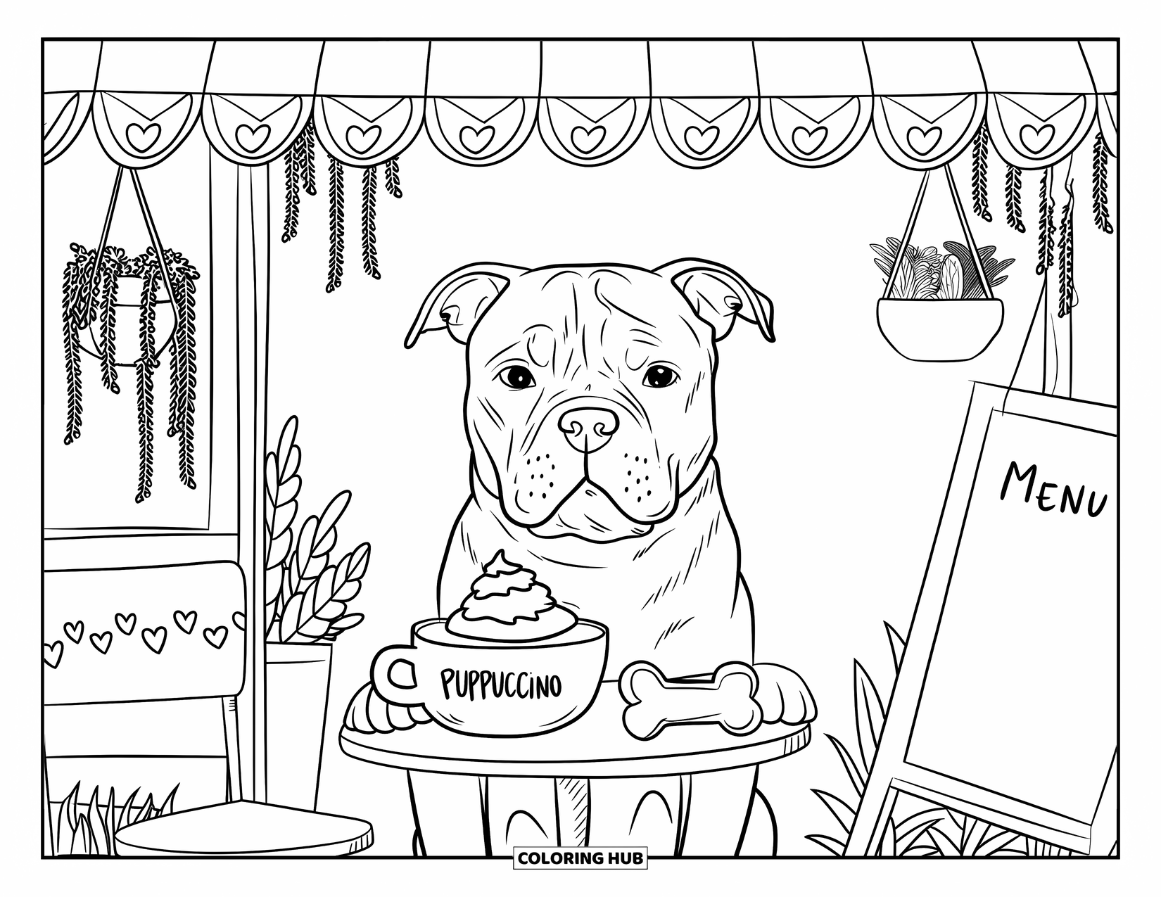 Dibujo para colorear de Pitbull para adultos: Un pitbull espera pacientemente en un cafÈ con una galleta de hueso y un dulce batido