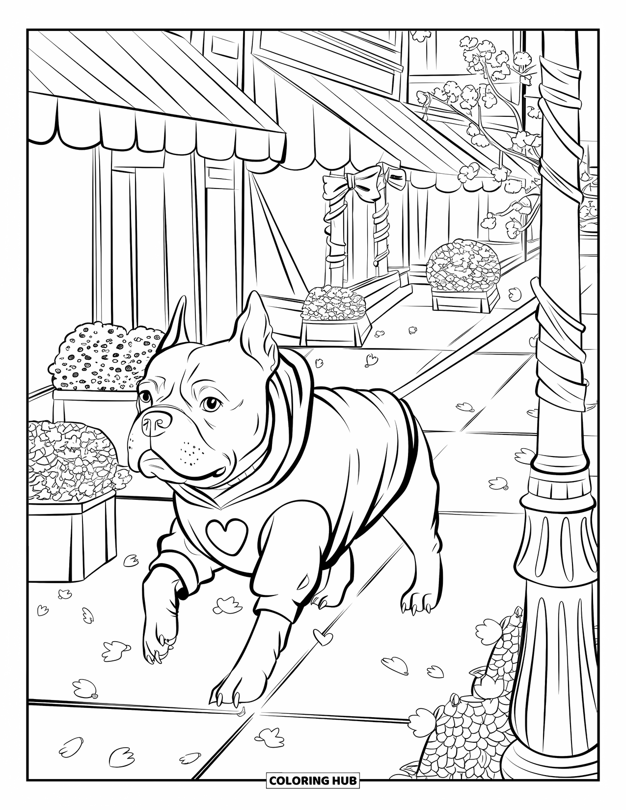 Dibujo para colorear de Pitbull para adultos: Un pitbull camina por un sendero de la ciudad con plantas en macetas y pétalos de flores a la deriva