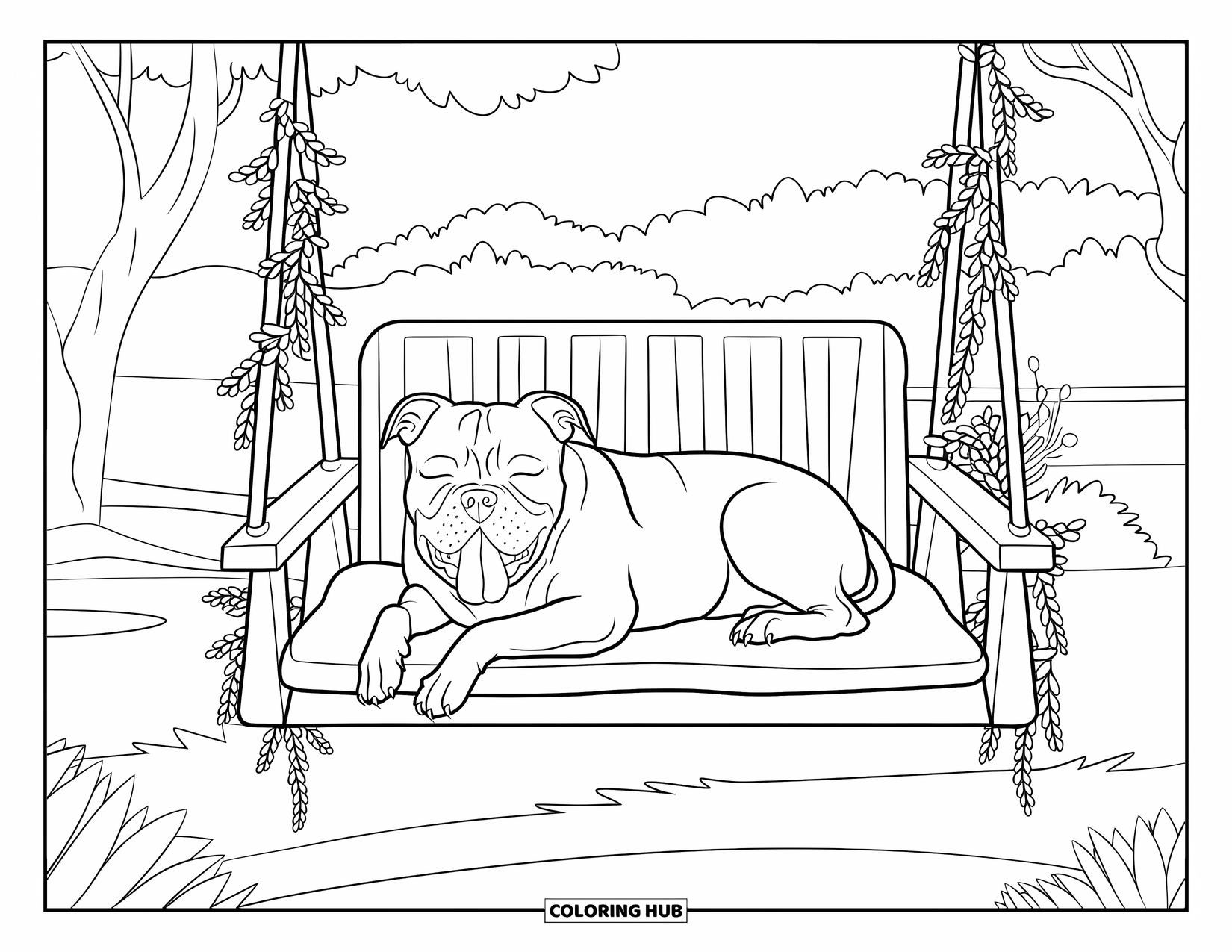 Dibujo para colorear de Pitbull para adultos: Un pitbull con la lengua afuera duerme en un columpio acolchado debajo de flores colgantes