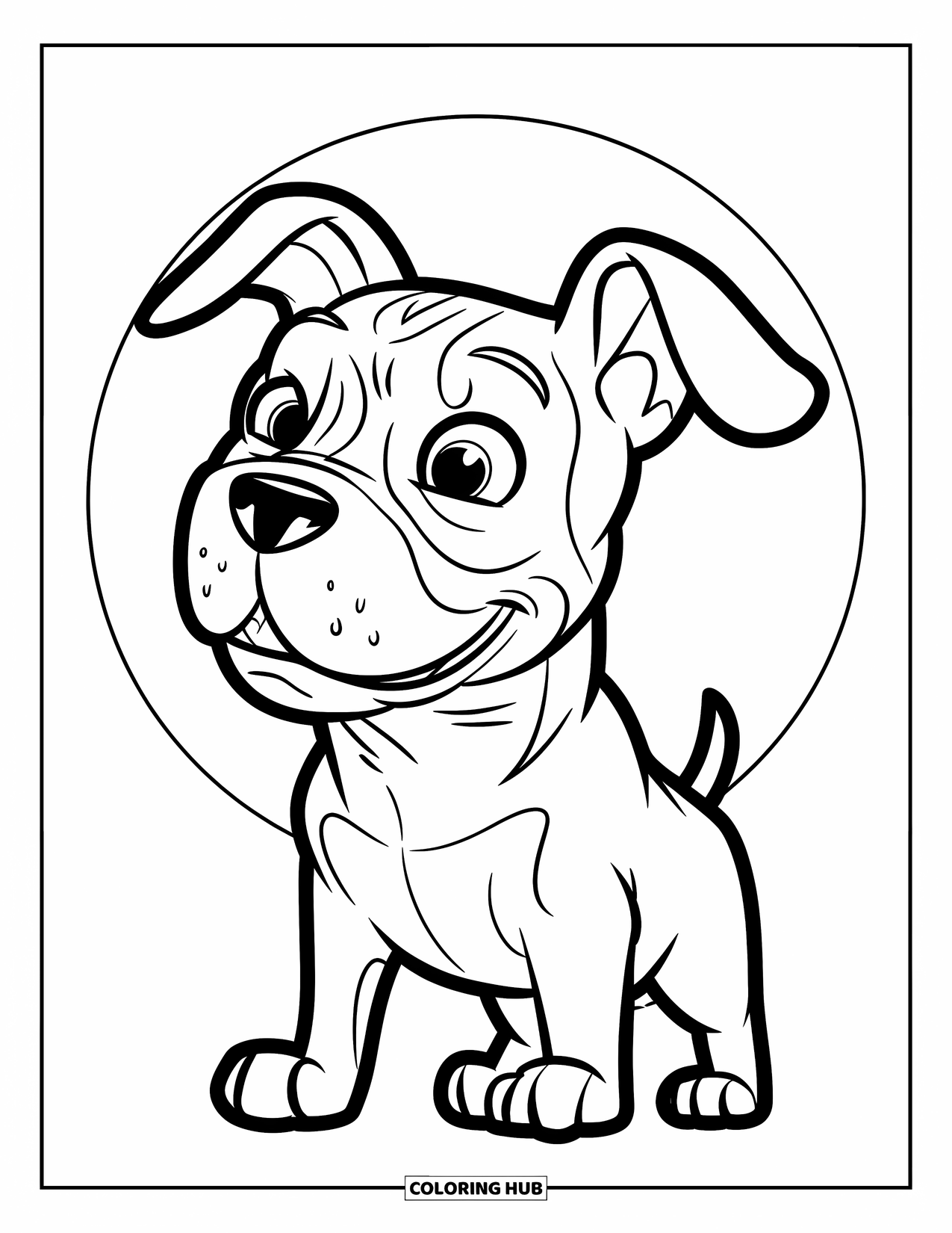 Dibujo para colorear de Pitbull para niños: Un pitbull feliz con orejas caídas mira hacia un lado con una gran sonrisa