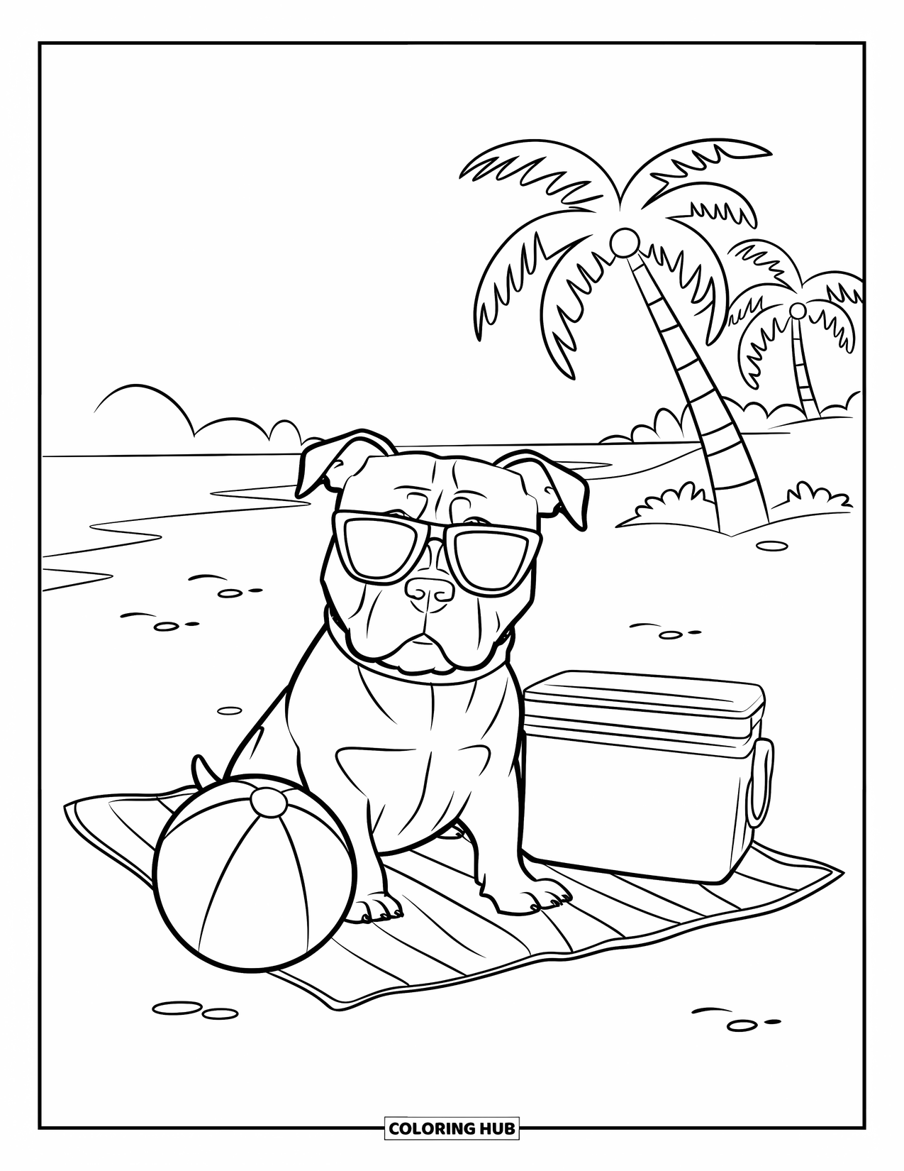 Dibujo para colorear de Pitbull para niños: Un pitbull se relaja en la playa con gafas de sol y una pelota junto a una nevera portátil