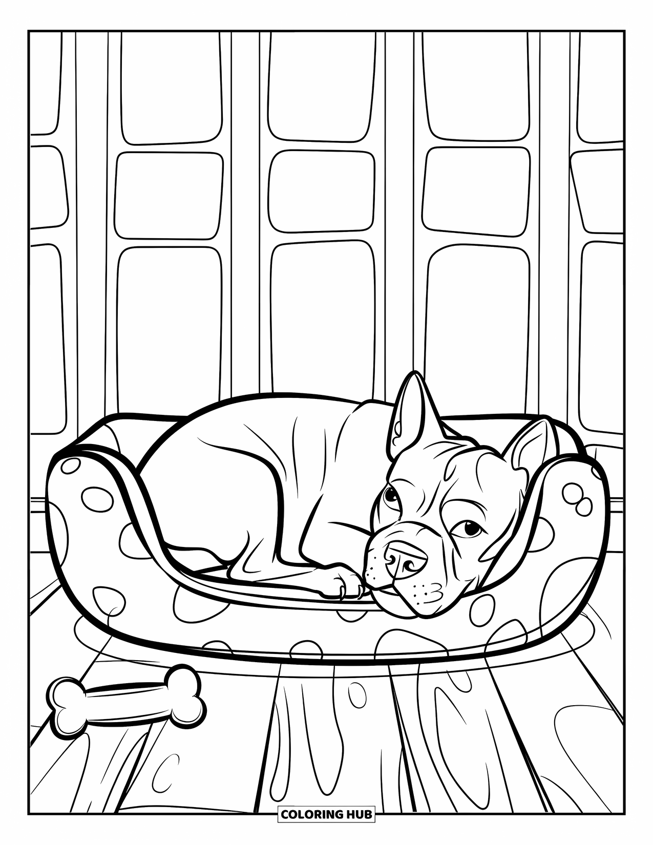 Dibujo para colorear de Pitbull para niños: Un pitbull se acurruca en una cama de perro acogedora con un hueso de juguete al lado