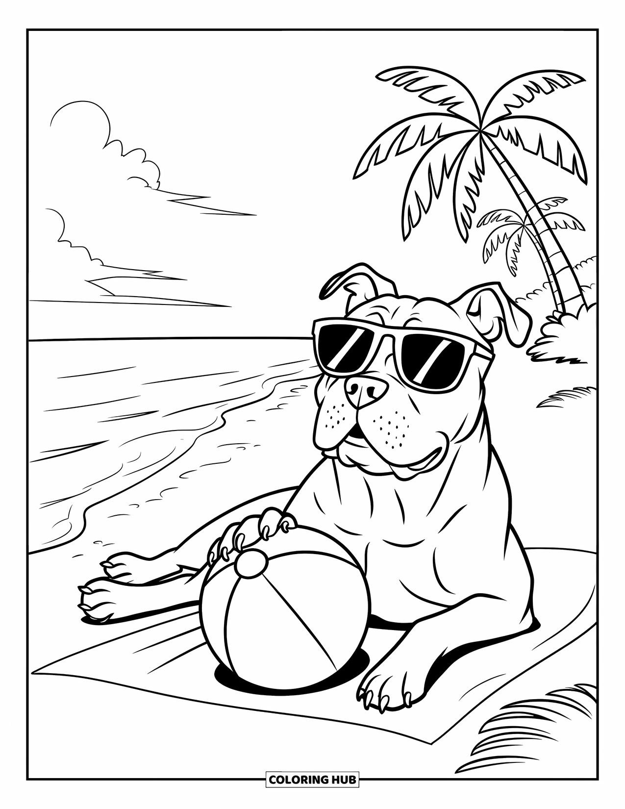 Dibujo para colorear de Pitbull para niños: Un pitbull disfruta de la playa con gafas de sol, una pelota y suaves olas del océano