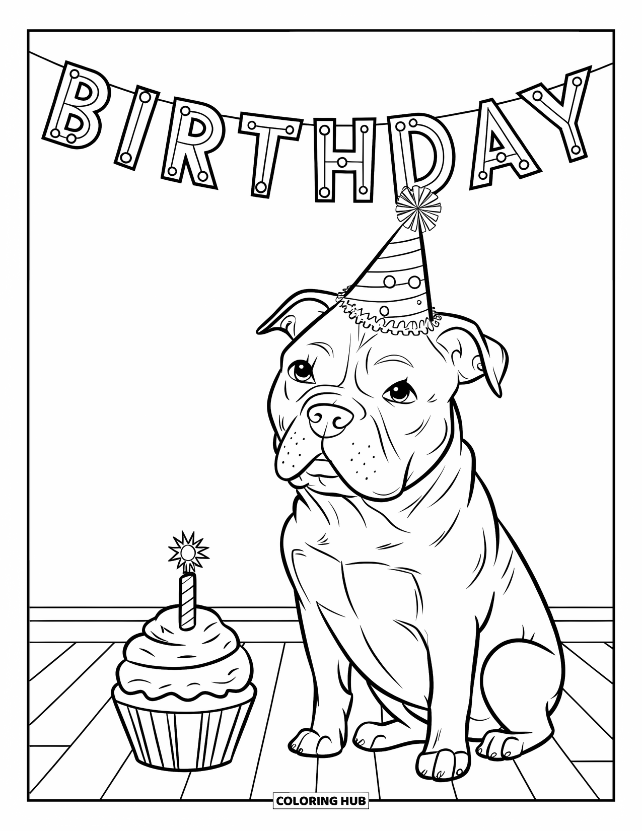 Dibujo para colorear de Pitbull para niños: Un pitbull con un gorro de fiesta se sienta junto a un cupcake de cumpleaños y una pancarta festiva