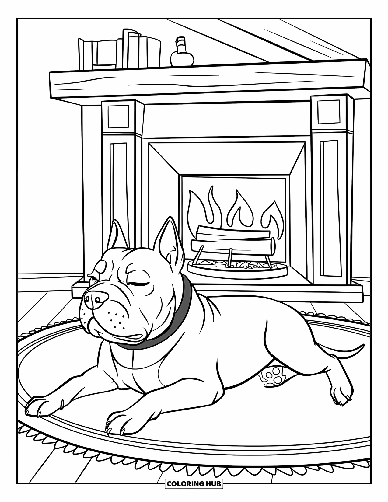 Dibujo para colorear de Pitbull para niños: Un pitbull con un collar rojo descansa cerca de una chimenea en una habitación acogedora