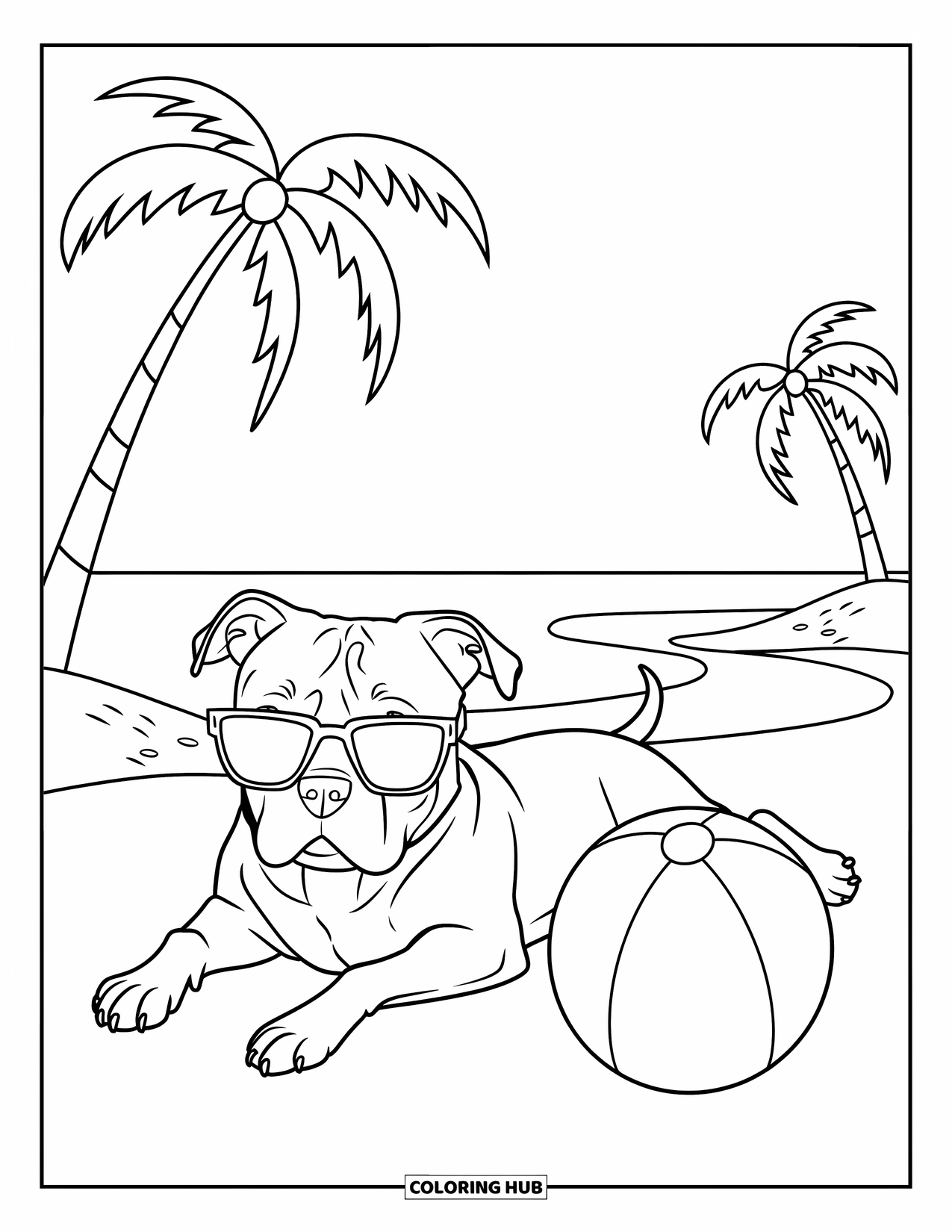 Dibujo para colorear de Pitbull para niños: Un pitbull está acostado cerca del agua con gafas de sol, rodeado de arena y palmeras