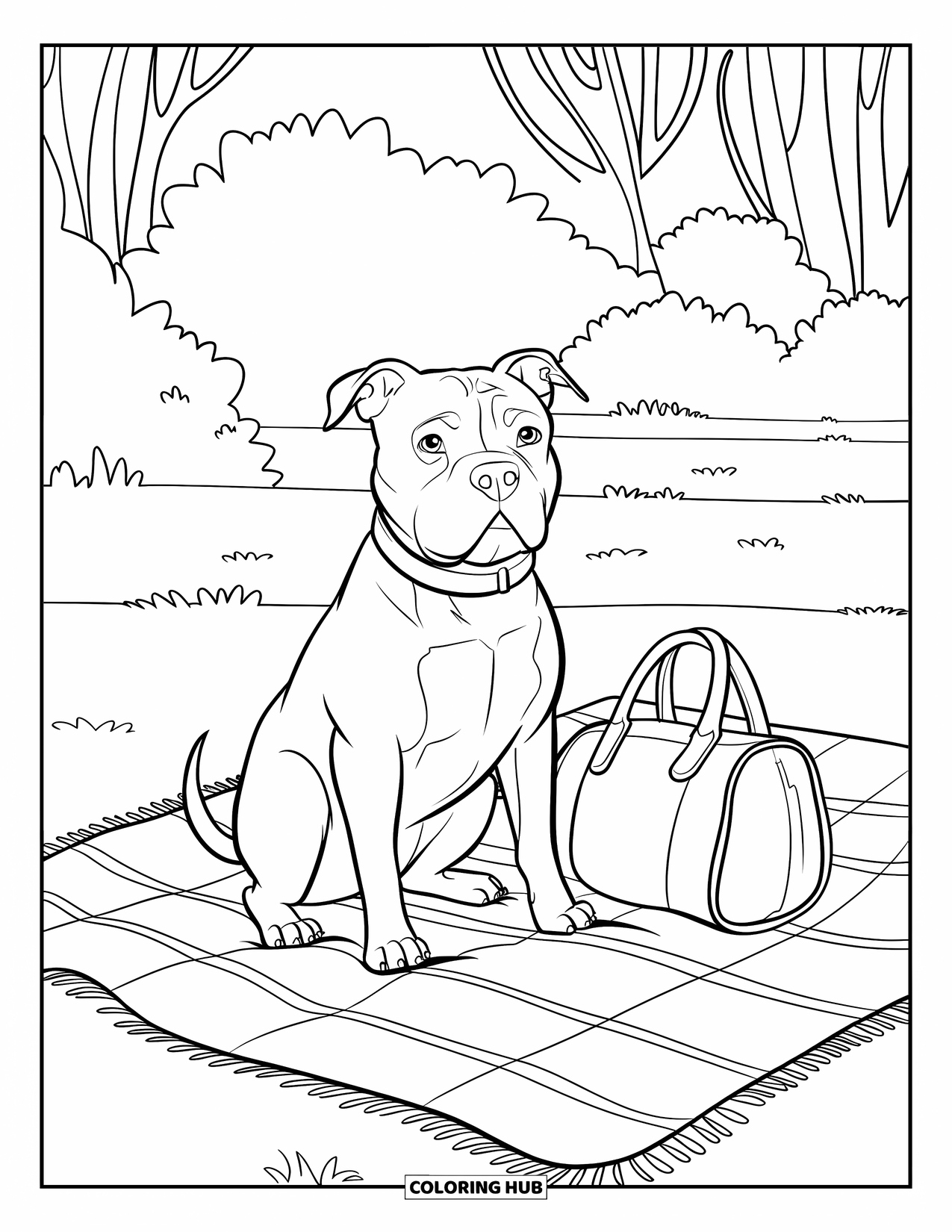 Dibujo para colorear de Pitbull para niños: Un pitbull sobre una manta a cuadros disfruta de un tranquilo picnic en el parque