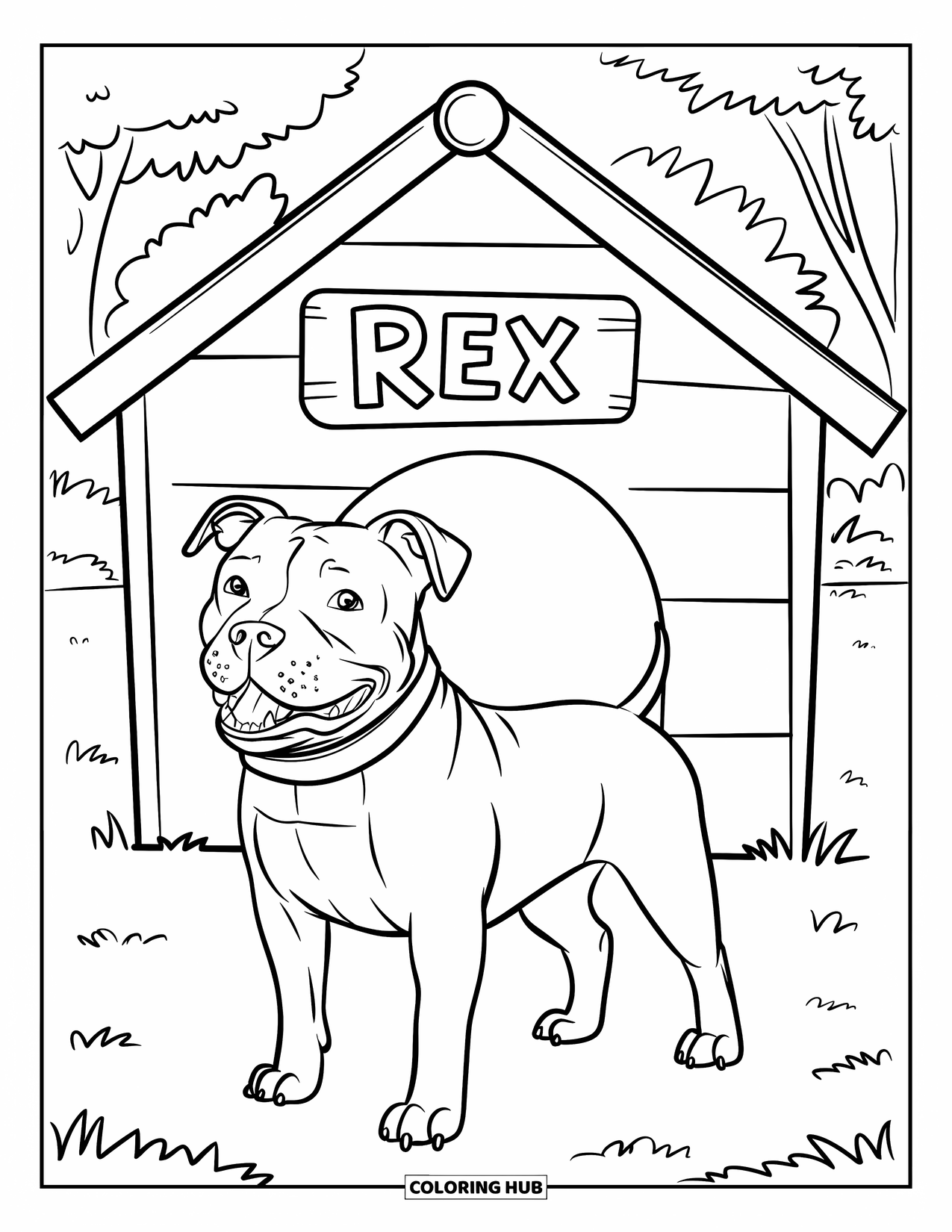 Dibujo para colorear de Pitbull para niños: Un pitbull posa felizmente junto a su caseta en un césped soleado