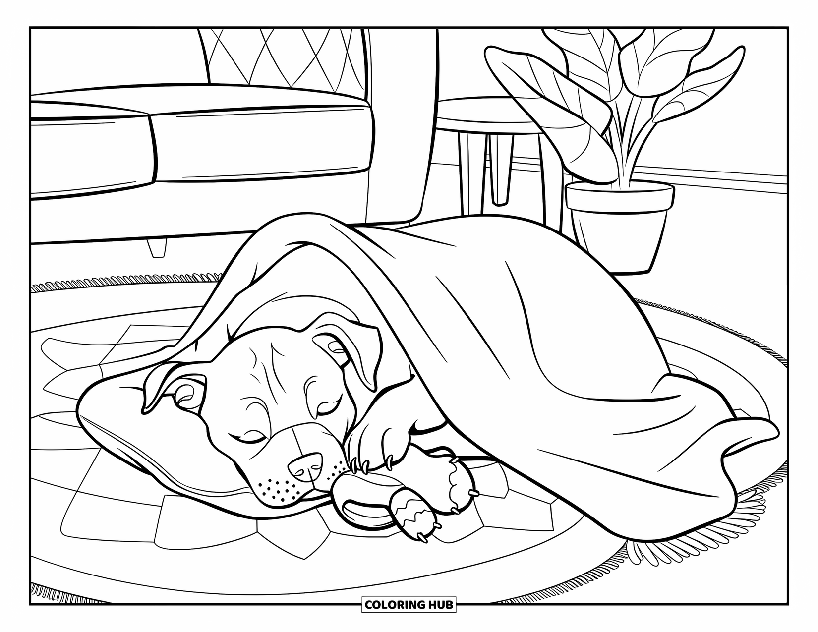 Dibujo para colorear de Pitbull para niños: Un cachorro de pitbull duerme en una habitación acogedora con una silla y una planta