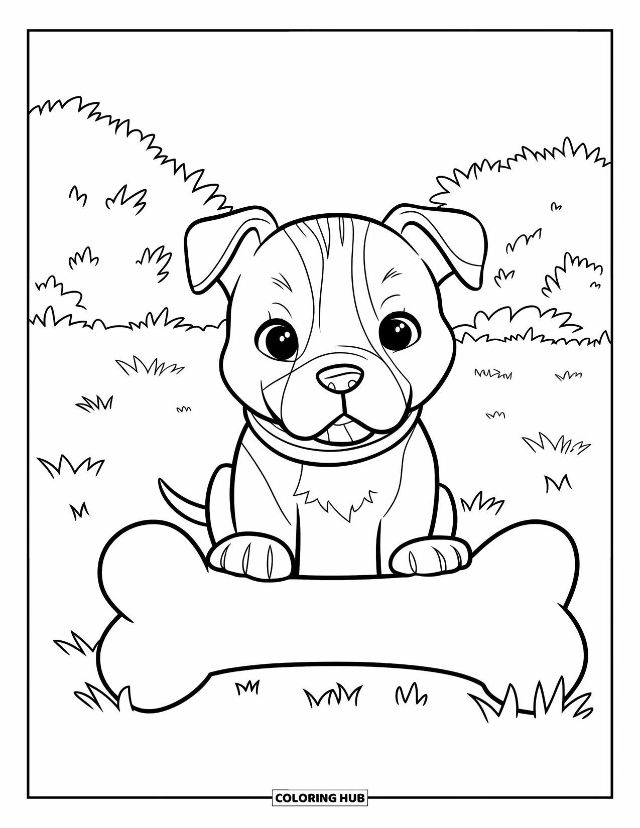 Dibujo para colorear de Pitbull para niños: Un cachorro de pitbull con un collar se sienta en el césped junto a un hueso liso