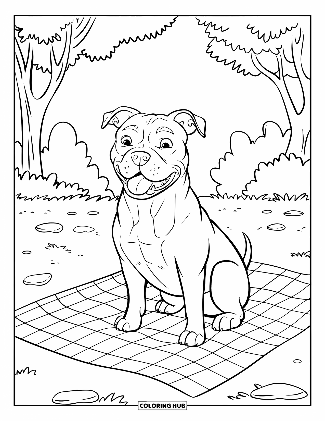 Dibujo para colorear de Pitbull para niños: Un pitbull descansa junto a una cesta de picnic en un camino de parque cubierto de hierba