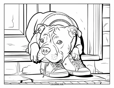 Coloriage de Pitbull pour enfants : Un pitbull repose sa tête sur une paire d’espadrilles près d’un seuil en bois