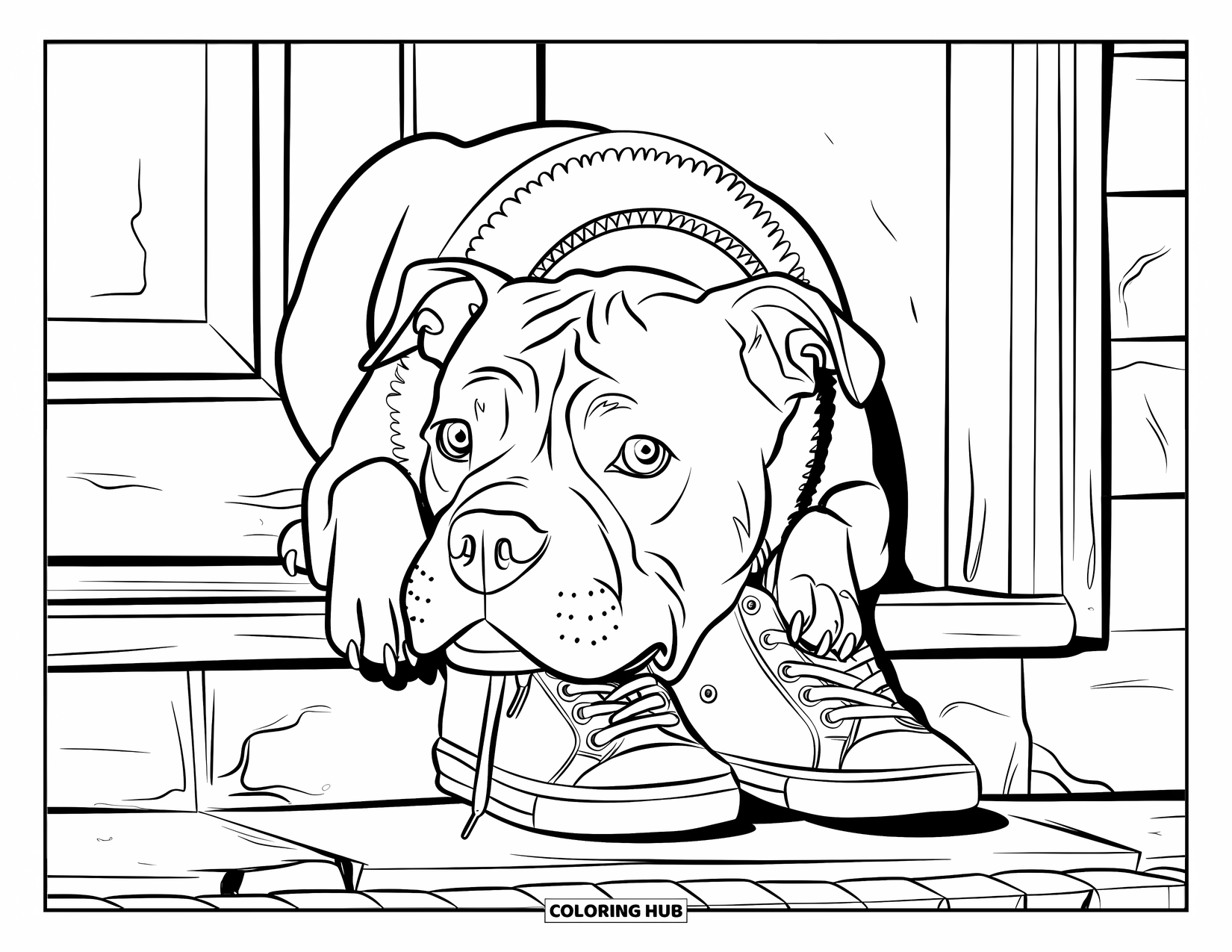 Dibujo para colorear de Pitbull para niños: Un pitbull apoya su cabeza sobre un par de zapatillas junto a un escalón de madera
