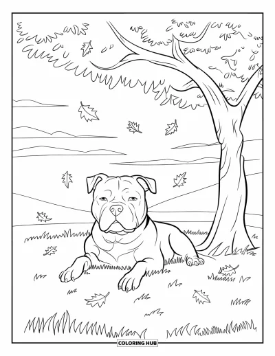Coloriage de Pitbull pour enfants : Un pitbull se repose sur l’herbe sous un arbre avec des feuilles éparpillées à proximité