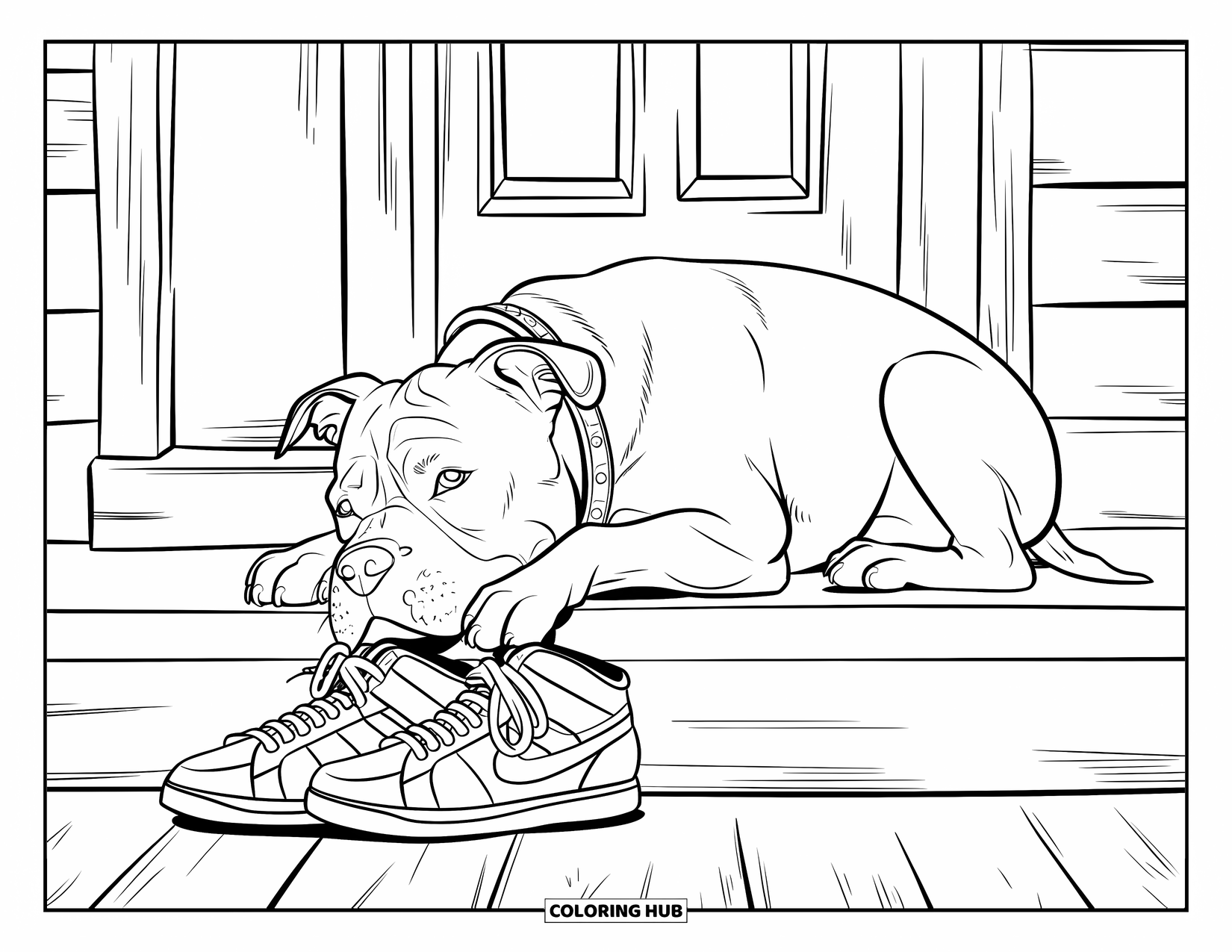 Dibujo para colorear de Pitbull para niños: Un pitbull se sienta tranquilamente cerca de un par de zapatillas en un escalón acogedor