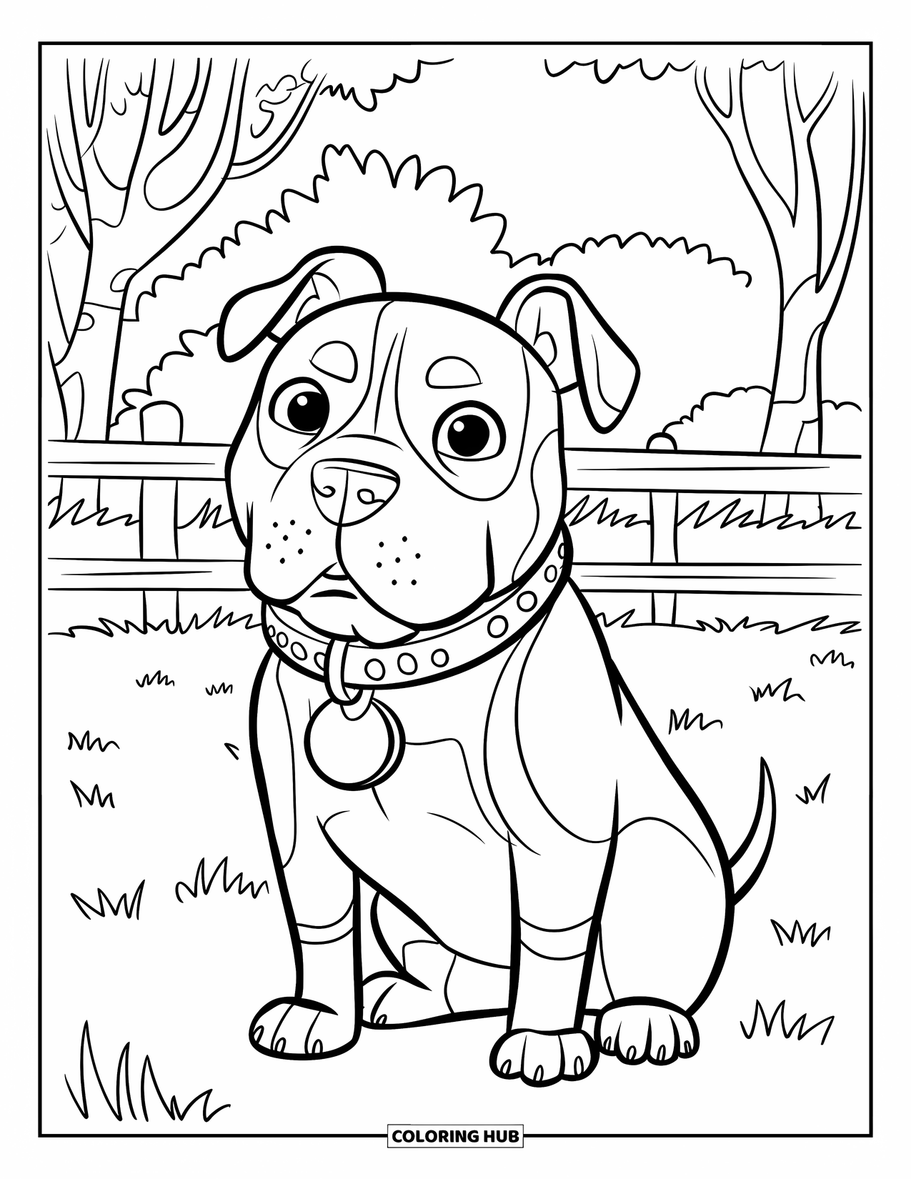 Dibujo para colorear de Pitbull para niños: Un pitbull se sienta en el césped con árboles y una etiqueta de collar grande