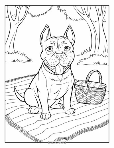 Coloriage de Pitbull pour enfants : Un pitbull est assis sur une couverture de pique-nique avec un panier dans un parc ensoleillé