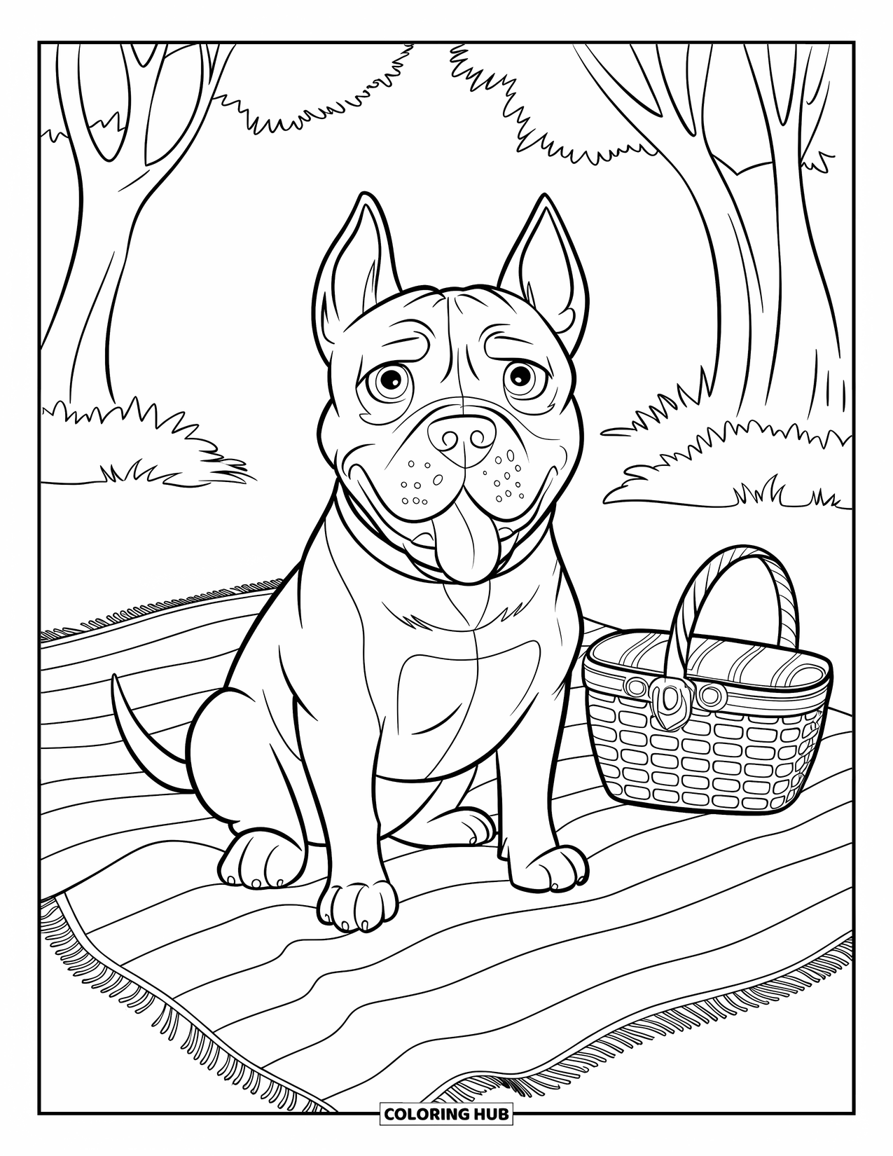 Dibujo para colorear de Pitbull para niños: Un pitbull se sienta en una manta de picnic con una cesta en un parque soleado