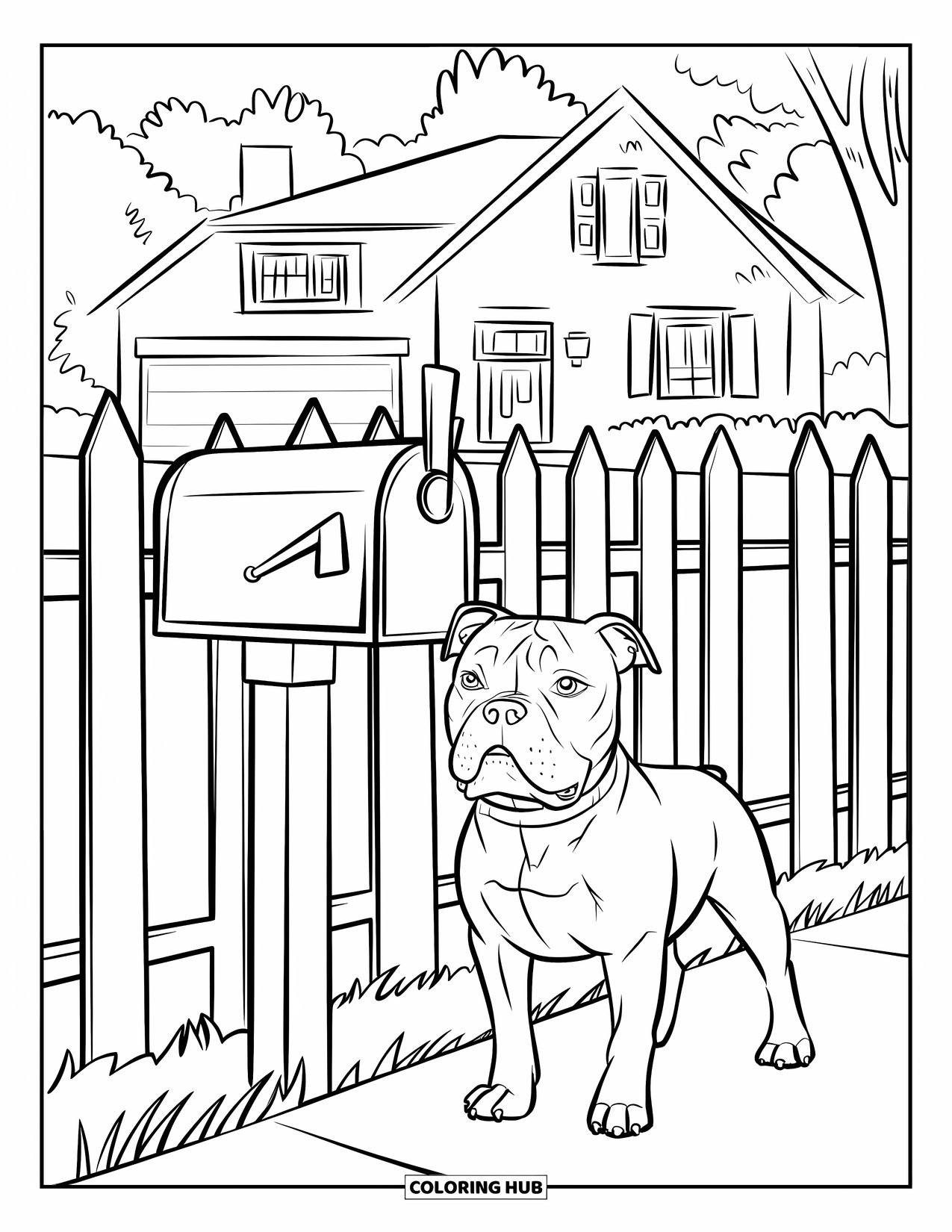 Dibujo para colorear de Pitbull para niños: Un pitbull está de pie junto a un buzón con árboles y una cerca detrás