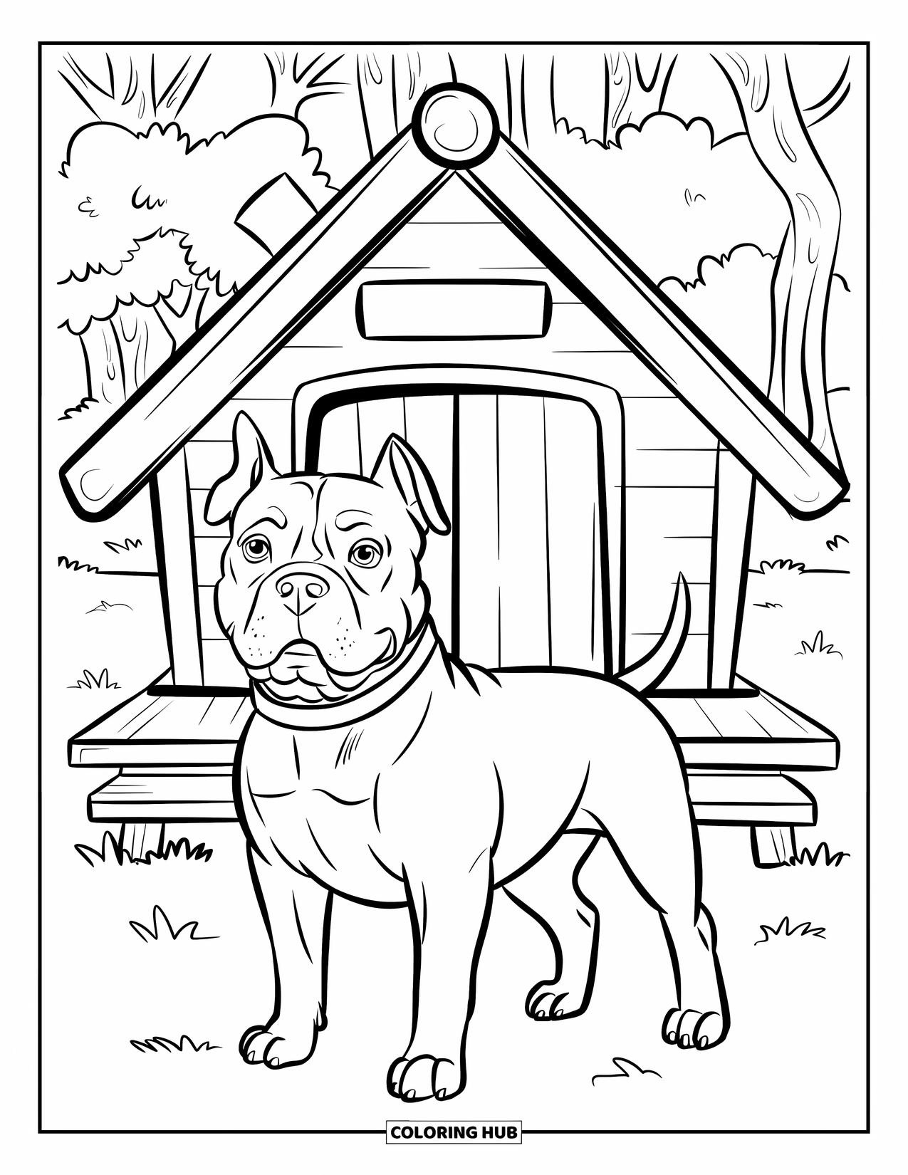 Dibujo para colorear de Pitbull para niños: Un pitbull está de pie orgullosamente frente a una caseta con un letrero con su nombre